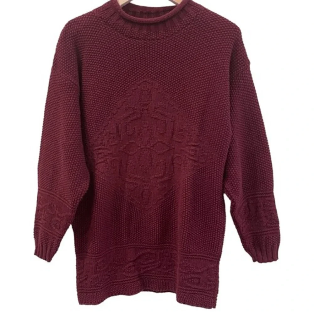 Vintage Hunt Club Maroon Knit Mock Neck‎ Oversized Pullover Fisherman Sweater PS